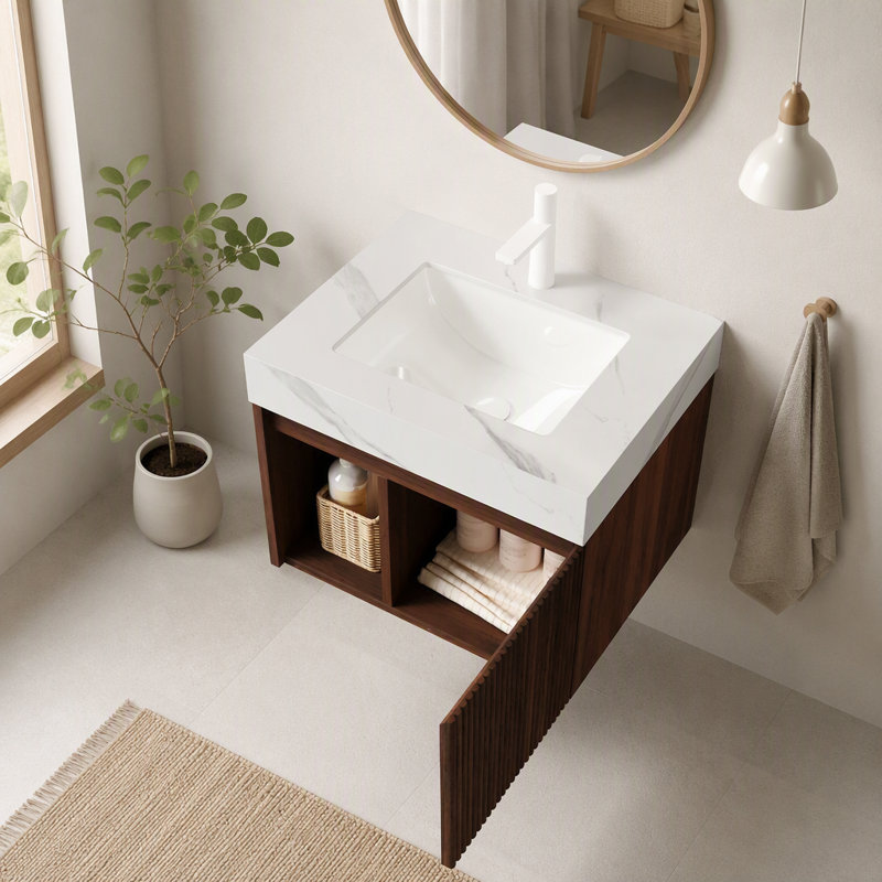 Meuble-lavabo flottant mural 24 po avec lavabo, blanc, Walnut, 24", Carrara White