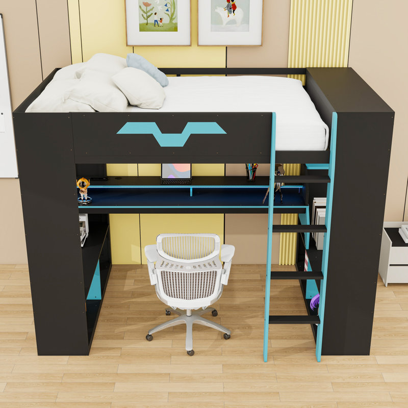Full Wood Loft Bed with RGB LED Lights, Built-In Desk, and Storage, Blue