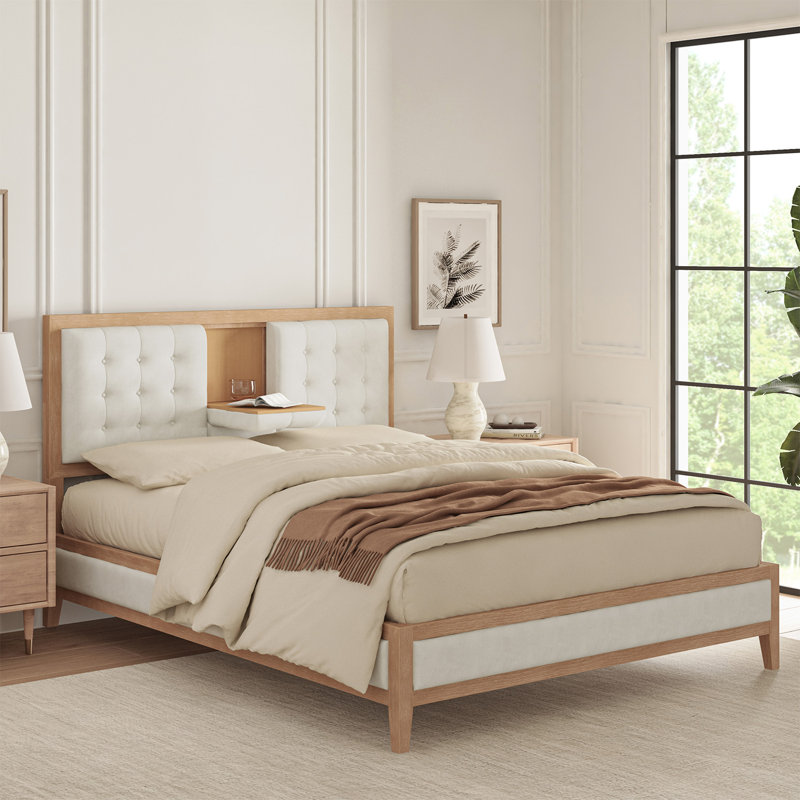 Larsen Solid Wood Upholstered Bed with Tufted Headboard, Ivory, Queen