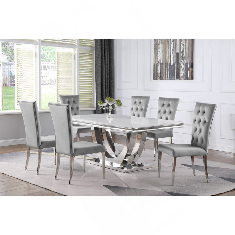 Ensemble de table de salle à manger 7 pièces Kerwin, 7 pièces : table, 6 chaises, Blanc, crème