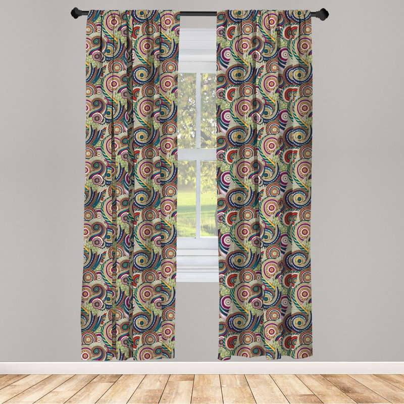 Abstract Curtains, Inspired Doodle Style Geometric Shapes Paisley Oriental Elements, Window Treatments Panel for Living Room Bedroom Decor, Multicolor Semi-Sheer Rod Pocket Sliding Panel