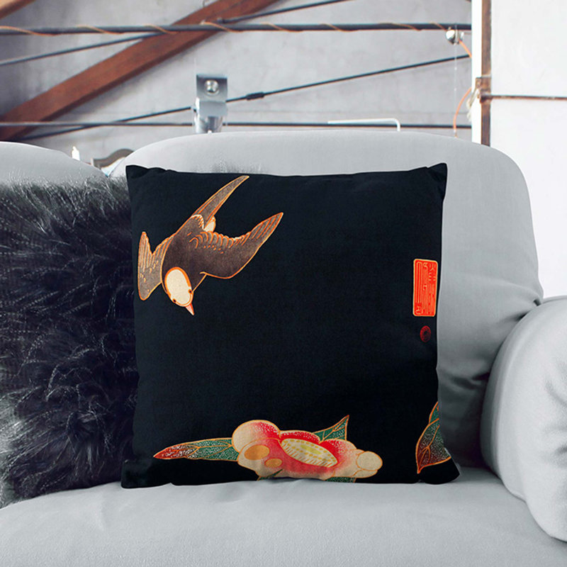 Swallow and Camellia by Ito Jakuchu Cushion with Filling, Black, 55cm H x 55cm W x 20cm D