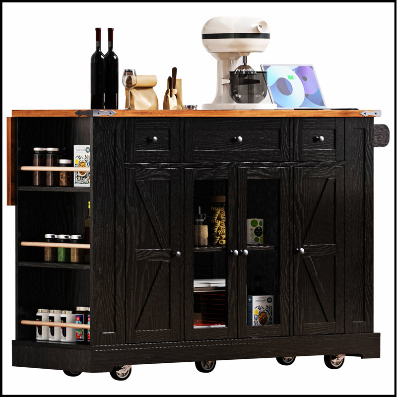 53'' Farmhouse Kitchen Island With Tempered Glass Doors, Power Outlet, And Rolling Cart On Wheels, Ideal For Organized And Stylish Kitchens