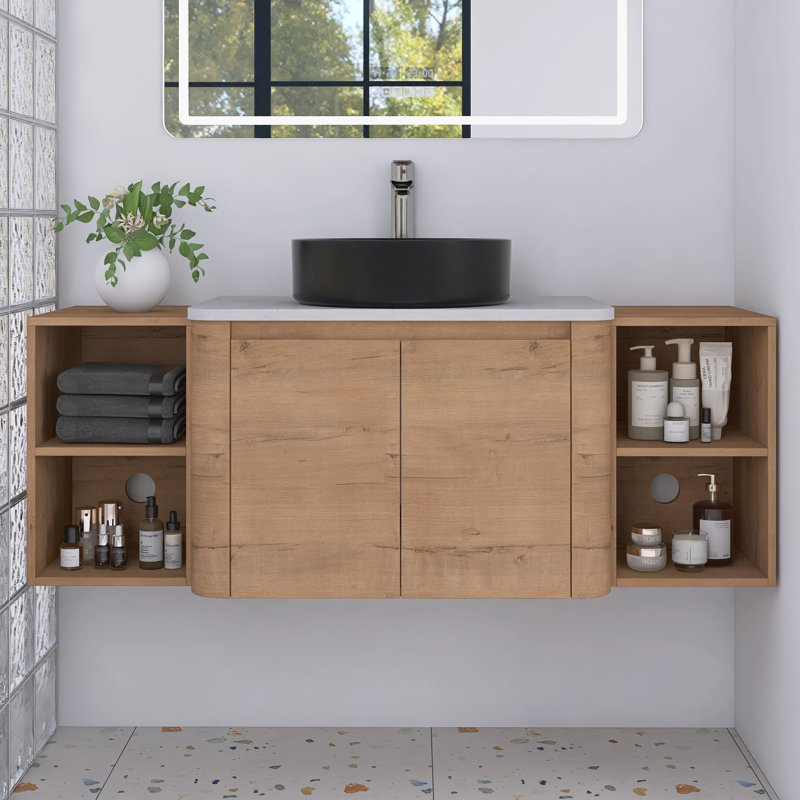 Meuble-lavabo mural 54 po avec lavabo vasque en céramique et 2 tablettes de rangement, portes à fermeture en douceur