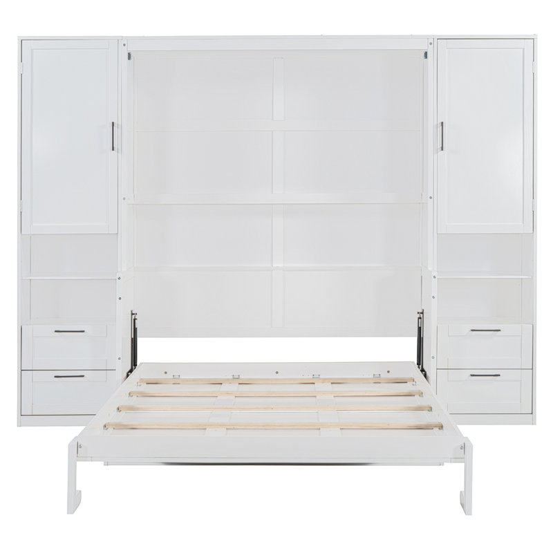 Grand lit escamotable mural avec placard, tiroirs et tablettes, blanc, Blanc