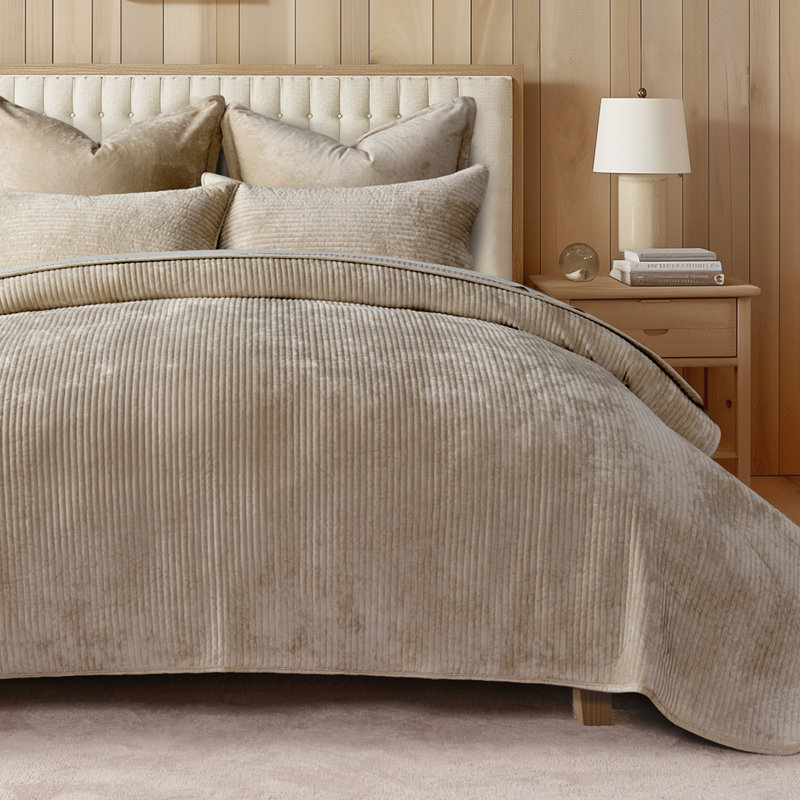 Striped Channel Velvet Quilt Set, Urban Taupe, King