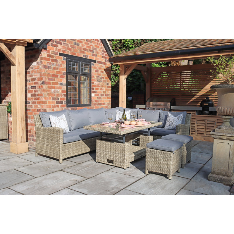 WENTWORTH Deluxe Modular Corner Dining / Lounging Set (2 x LH & RH sofa, 1 x Corner Seat, 1 x Middle Chair, 1 x 150cm x 80cm Height Adjustable Table (68cm Dining / 50cm Coffee) & 2 Stools including Cushions