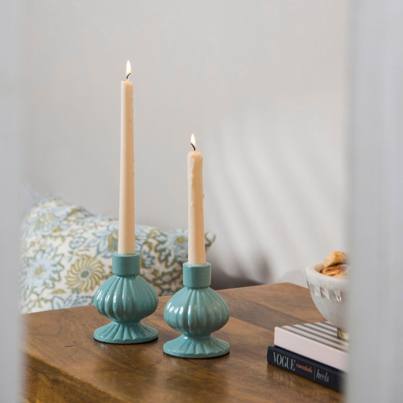 Mela Artisans Sculpted Aluminum Sage Green Candlesticks Set of 2, Green