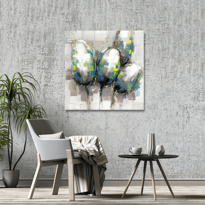 Tulipes bleues abstraites - Toile florale grise pour la décoration intérieure