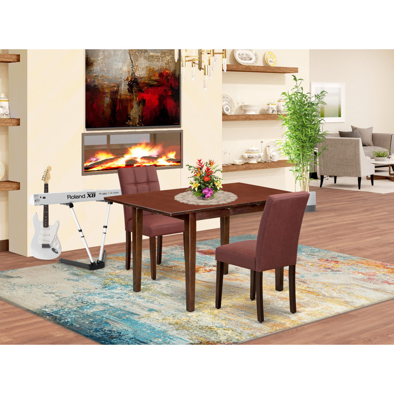 L'ensemble de table à manger 3 pièces comprend une table de salle à manger et 2 chaises rembourrées en tissu de polyester bourgogne, acajou
