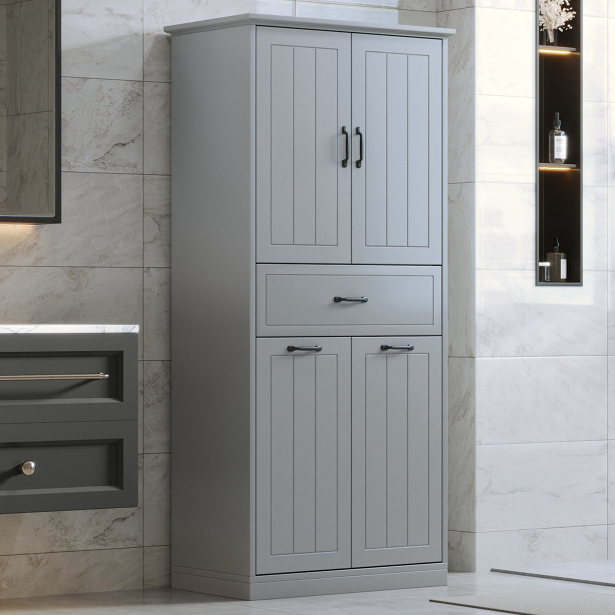 Red Barrel Studio® Tall Bathroom Storage Cabinet With 2 Laundry Baskets, Freestanding Linen ...