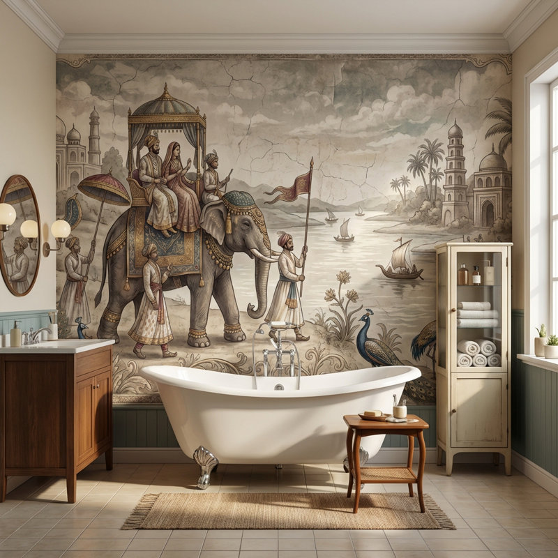 Adhésif mural procession moghole éléphant royal, 100 po x 96 po, Peler et coller