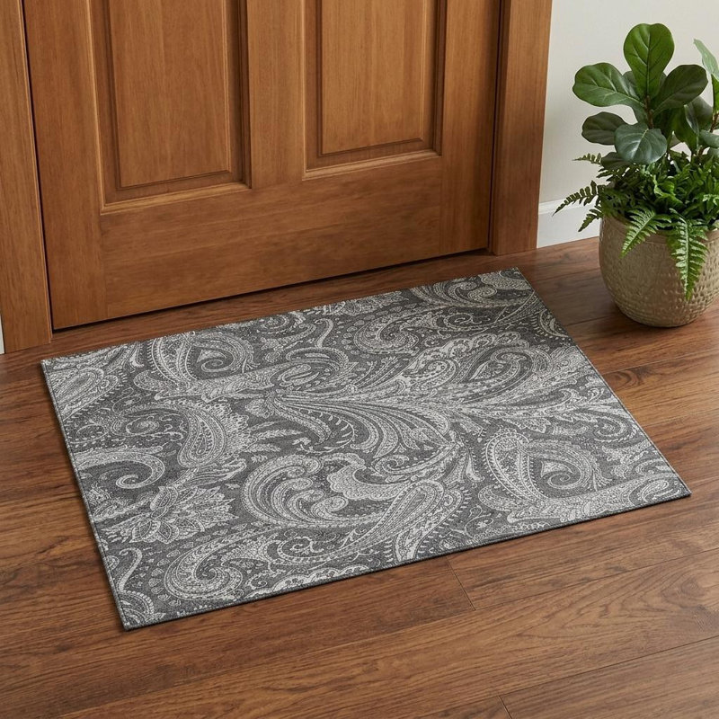 3' X 5' Gray And Ivory Paisley Washable Area Rug With UV Protection