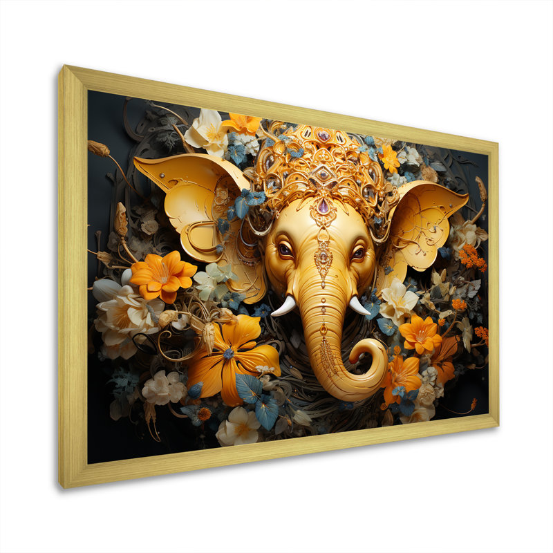 «Hindu Ganesha Elephant God Curmeric Tints» - décoration murale de l'hindouisme, Cadre doré simple