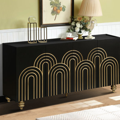 Modern Fluted Buffet Cabinet For Storage - Black Kitchen, Dining, Living Room Adjustable Shelves, Sideboard In Kitchen 4 Doors,