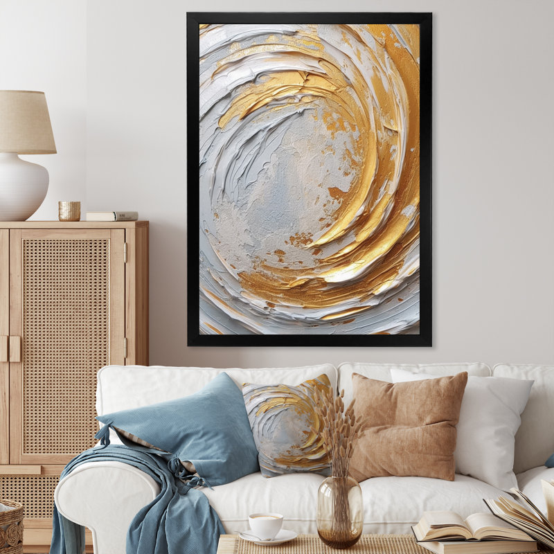 Or et crème tourbillons enchantés II sur toile, Cadre simple noir, H 44 po x l 34 po x P 1,5 po