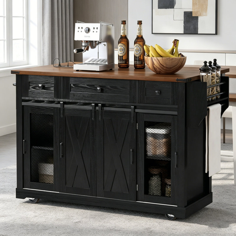 Farmhouse Kitchen Island with Storage, Sliding Barn Doors, Metal Grid Side Door, and Rolling Wheels for Versatile Use, Black