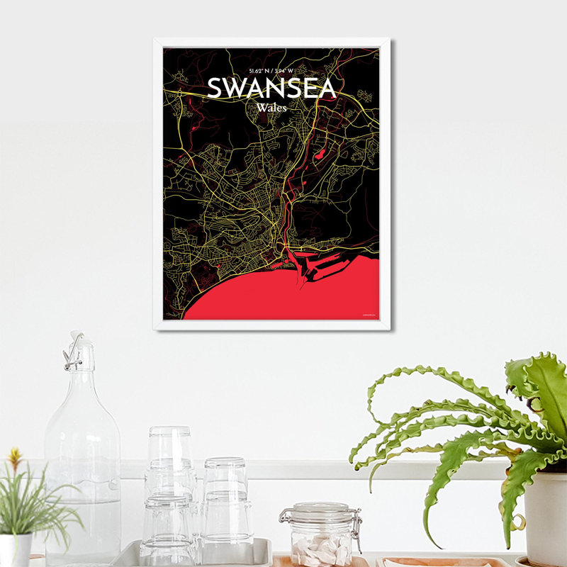 Swansea City Map, impression, Noir / rouge / jaune, H 20 po x l 16 po