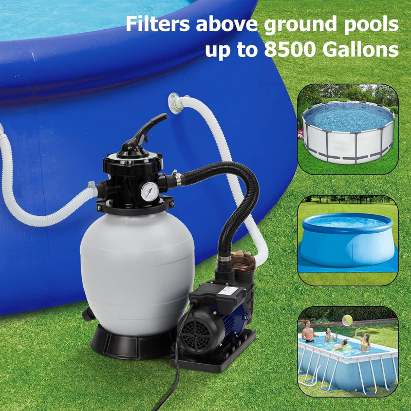 Pompe à filtre à sable 16 pouces pour piscine hors-terre avec minuterie 1HP 3962GPH Pompe de piscine et système de filtre à sable avec valve à 7 voies et panier à crépine de couleur grise