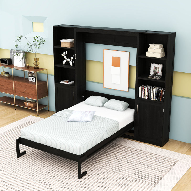 Grand lit escamotable en bois avec tablettes et armoires intégrées, Noir