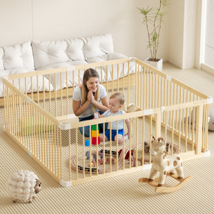 Large Wooden Baby Playpen & Baby Gate With Door, Safe Play Area Kids Activity Center