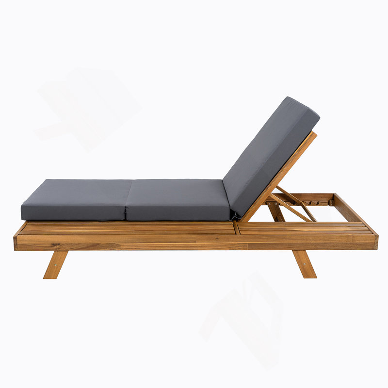 Ensemble de chaises longues, espace disponible sur un côté, bois massif d'acacia avec coussin de détente (gris foncé et triple pli) - version assortie disponible