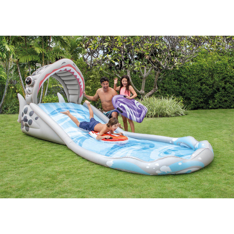 Gray and Blue Inflatable Shark Water Slide with Surf Riders