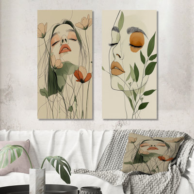Femme, art au trait, art mural Boho I - Art mural femme, ensemble 2 pièces