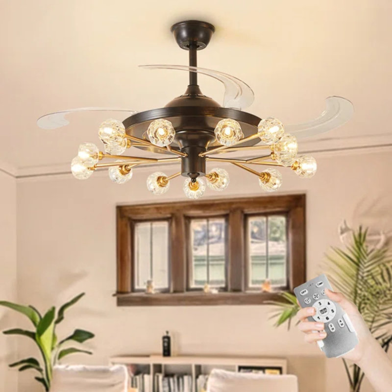 48" Gold Crystal Ceiling Fans with Lights,15 Lights Luxury Chandelier with Fan for Living Room,Modern Sputnik Fandelier with Light Remote for Bedroom,Retractable Ceiling Fan Gold and Black(Excl. bulb)