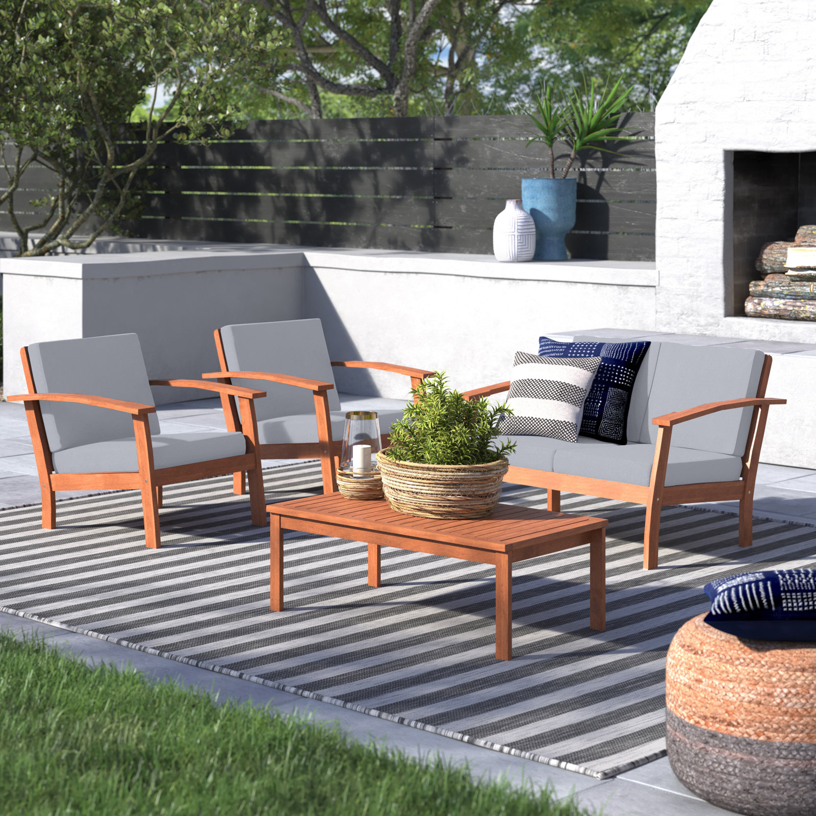 Rubina 4 Piece Outdoor Sofa Seating Group with Cushions, Gray, Dark Teak