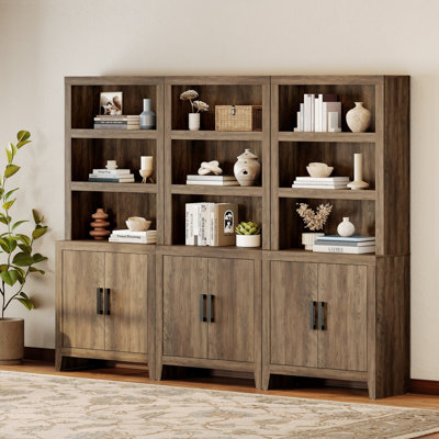 74" Tall Bookshelf With Door, Farmhouse Bookcase With Adjustable Shelf And Storage Cabinet, Library Wooden Bookshelf For Living Room, Office, Brown, Set Of 3