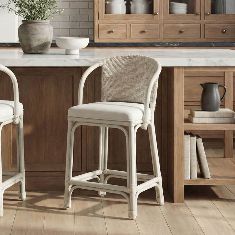Maples Counterstool with Upholstered Seat, Off White/Natural, Counter Stool (24" Seat Height), White