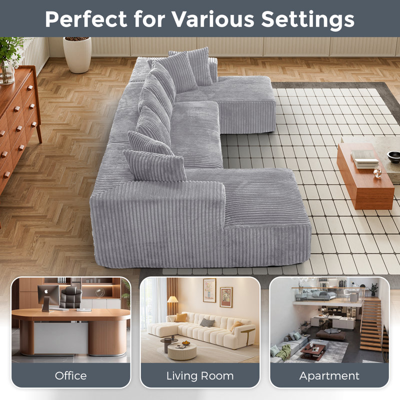 Boneless Modular Sectional Couch, U Shaped 4 Seater Free Combination Compression Sofa, Gray Corduroy