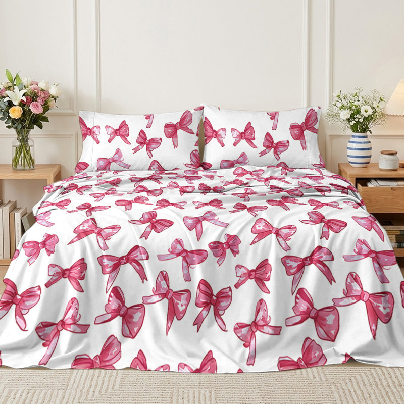 Sheet Set, Twin Sheet Set with 1 Pillowcase, Large Pink Bow