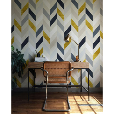 Navy Grey Gold Herringbone Geometric Wallpaper