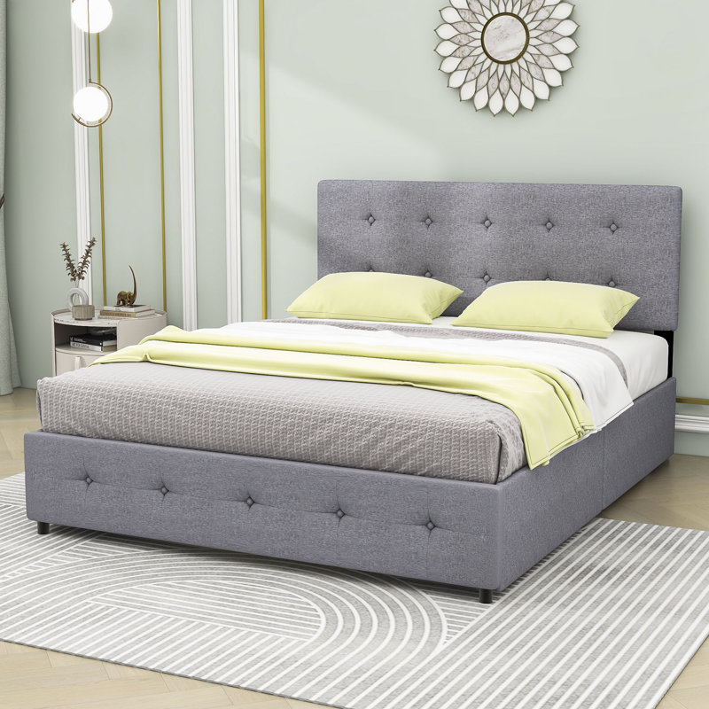 Upholstered Platform Bed with Headboard and 4 Drawers, Light Gray