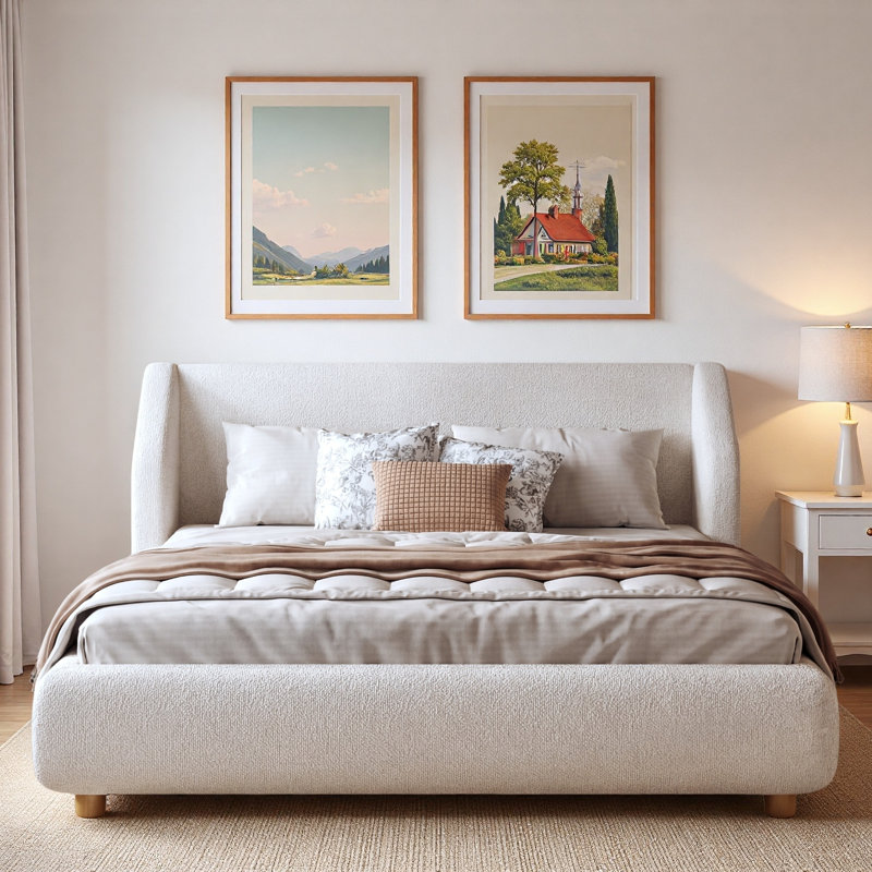 Modern Upholstered Bed With Extra-wide Wingback Headboard, Wood Legs And Sturdy Wooden Slats, Grand lit