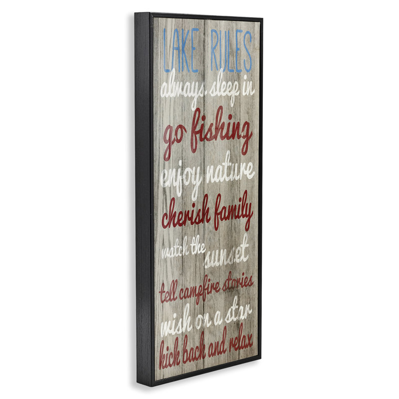 «Rustic Lake Rules», art de la giclée encadrée par SD Graphics Studio, H 30 po x l 13 po, Giclée encadrée noir minuit