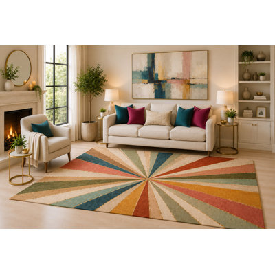 "Ultra Light Weight" Large 6'7" x 9'10" Retro Sunburst Rays Area Rug for Living Room, Soft Low Pile Indoor Rug with Non-Slip Silicone Backing, Decorative Carpet for Bedroom, Dining Room and Office, Multicolored