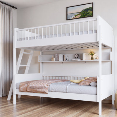 Lit superposé en bois avec 3 tablettes de rangement et échelle interchangeable