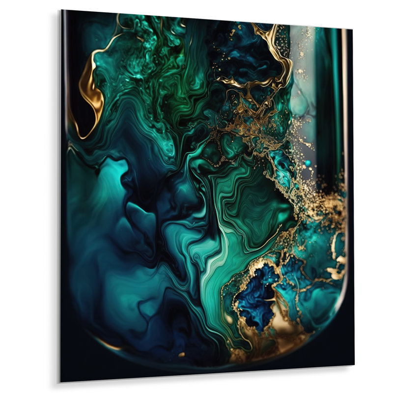 Géode abstraite marbre vert et bleu II - marbre mural abstrait en métal, H 32 po x l 24 po