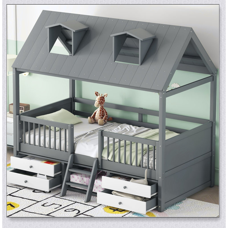 Wood Bed House Bed Frame, Gray, Twin