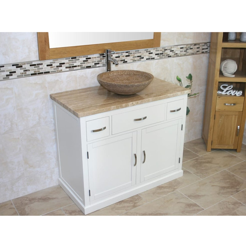Rodger 1000mm Single Bathroom Vanity with Vessel Stone Basin, Travertine, Travertine, White