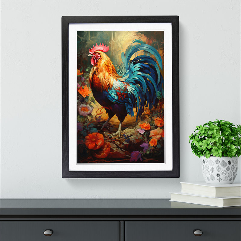 Rooster Tachisme - Single Picture Frame Print on Wood, Black, 34cm H x 25cm W x 2cm D