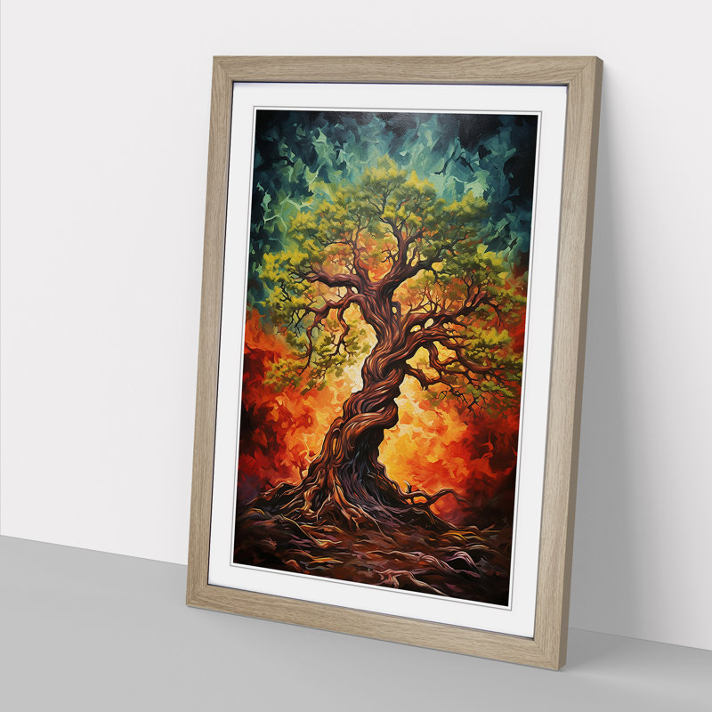 Oak Tree Action Painting - Single Picture Frame Print on Wood, Oak Framed, 46cm H x 34cm W x 2cm D
