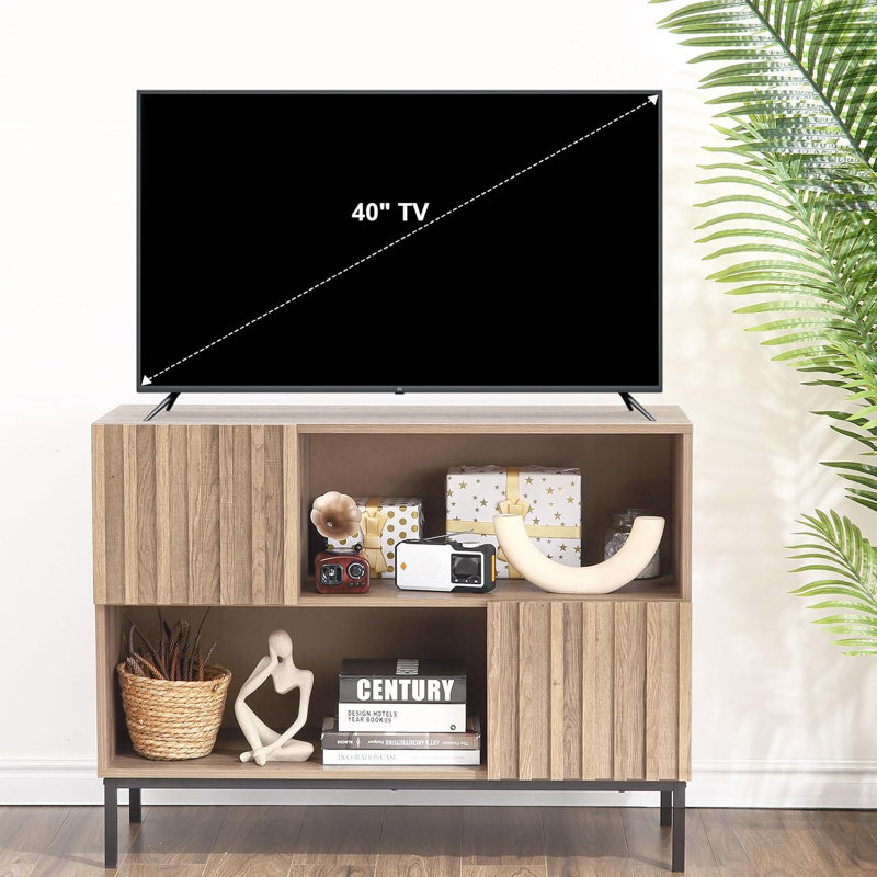 Wave Pattern Oak Buffet Cabinet with Metal Legs – Semi-Open Sideboard for Living Room, Dining Room, Entryway Storage