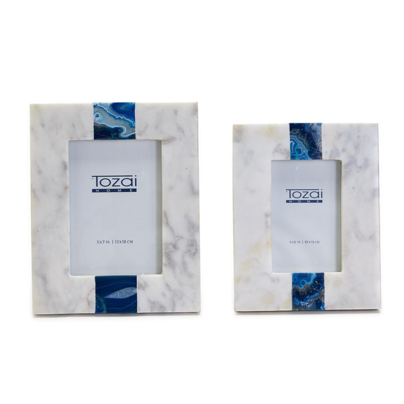 S / 2 cadres photo en marbre blanc avec incrustation d'agate bleue inclus 2 tailles