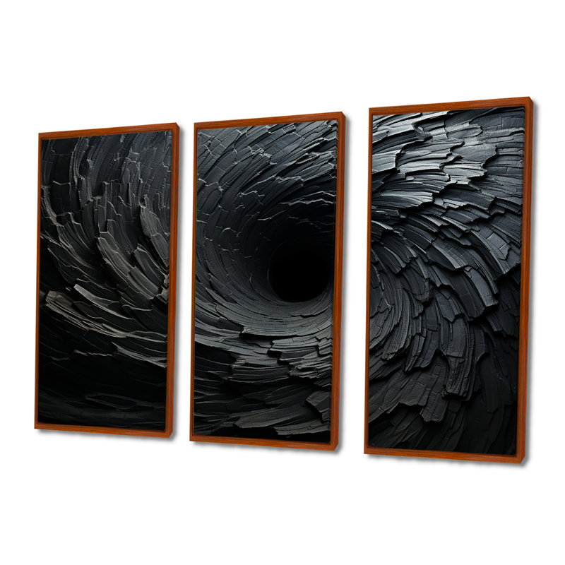 «Black Spiraling Fractal Spiral», art mural abstrait en spirale, H 28 po x l 36 po x P 1 po, Cadre flottant brun