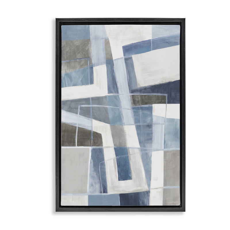 «Subtle Blue Geometrics», art mural encadré flottant, par Hannah Dawson, 25" H x 17" W, Cadre flottant noir de jais