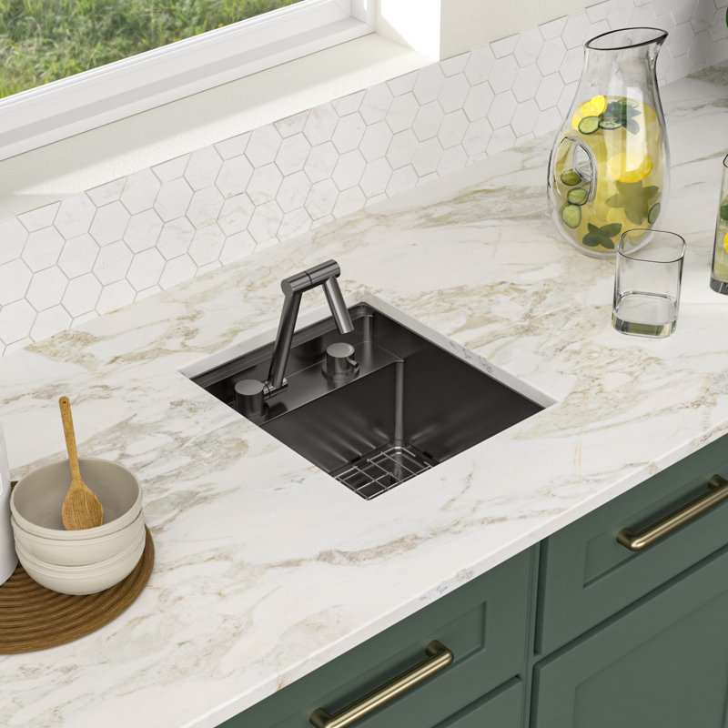 15" x 17" Undermount 16 Gauge Stainless Steel Workstation RV Kitchen Bar Sink with Folding Faucet